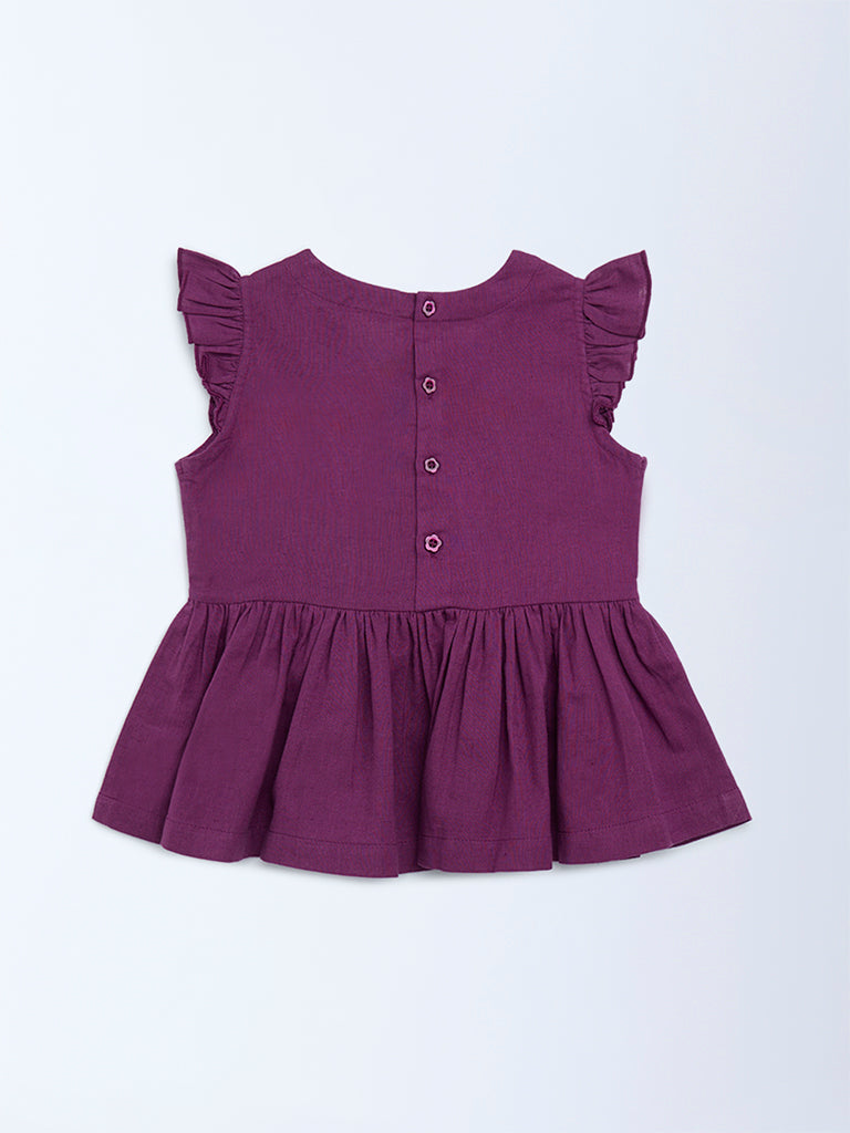 Utsa Kids Girls Purple Floral Embroidered Cotton-Blend Peplum Top (2 - 8yrs)