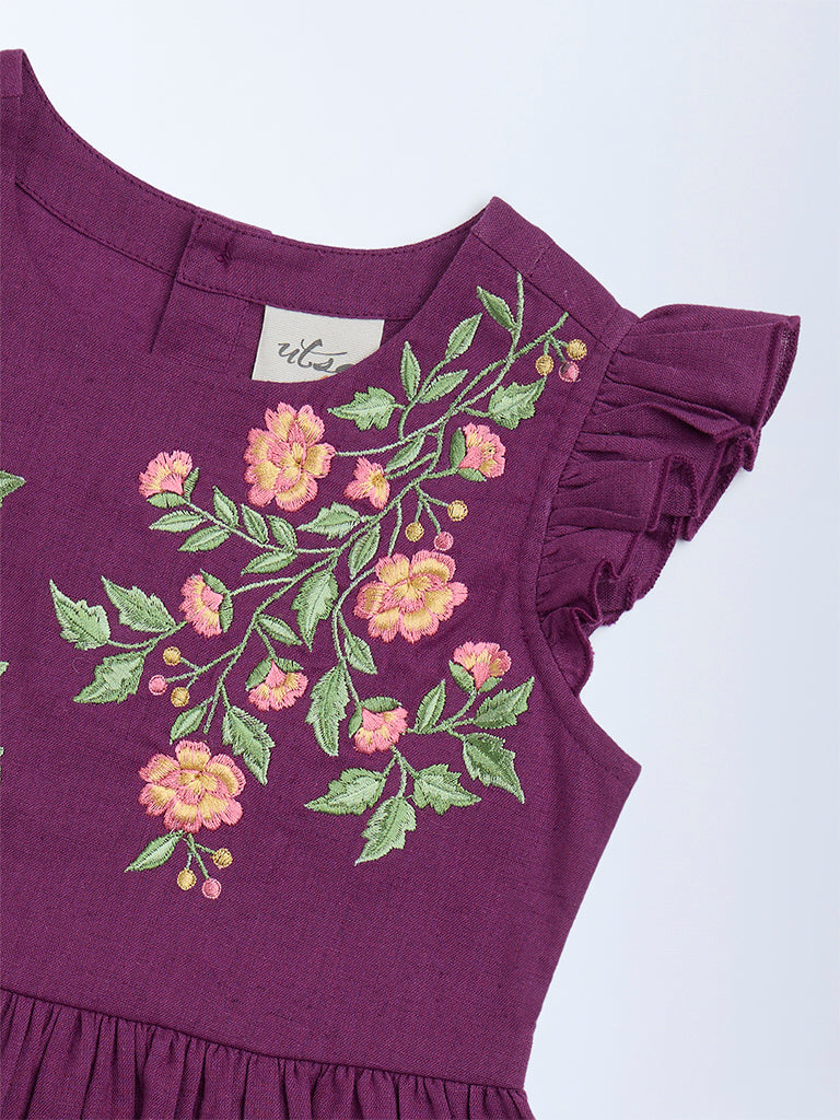 Utsa Kids Girls Purple Floral Embroidered Cotton-Blend Peplum Top (2 - 8yrs)