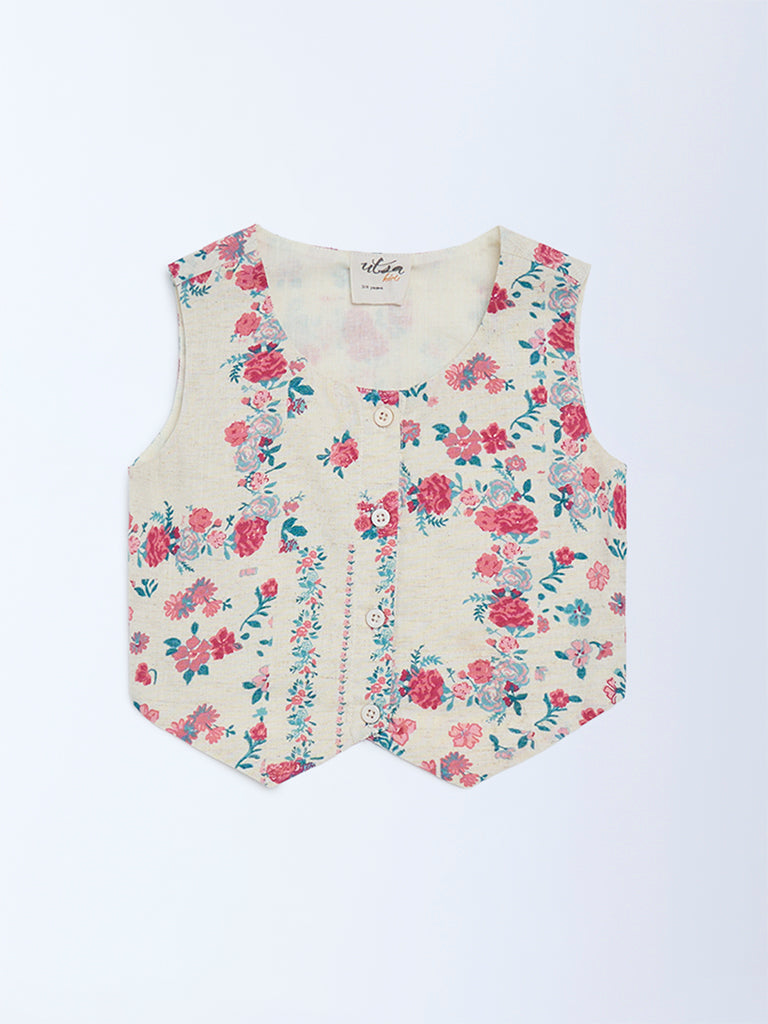 Utsa Kids Girls Off-White Floral Cotton-Blend Waistcoat - (2 - 8yrs)