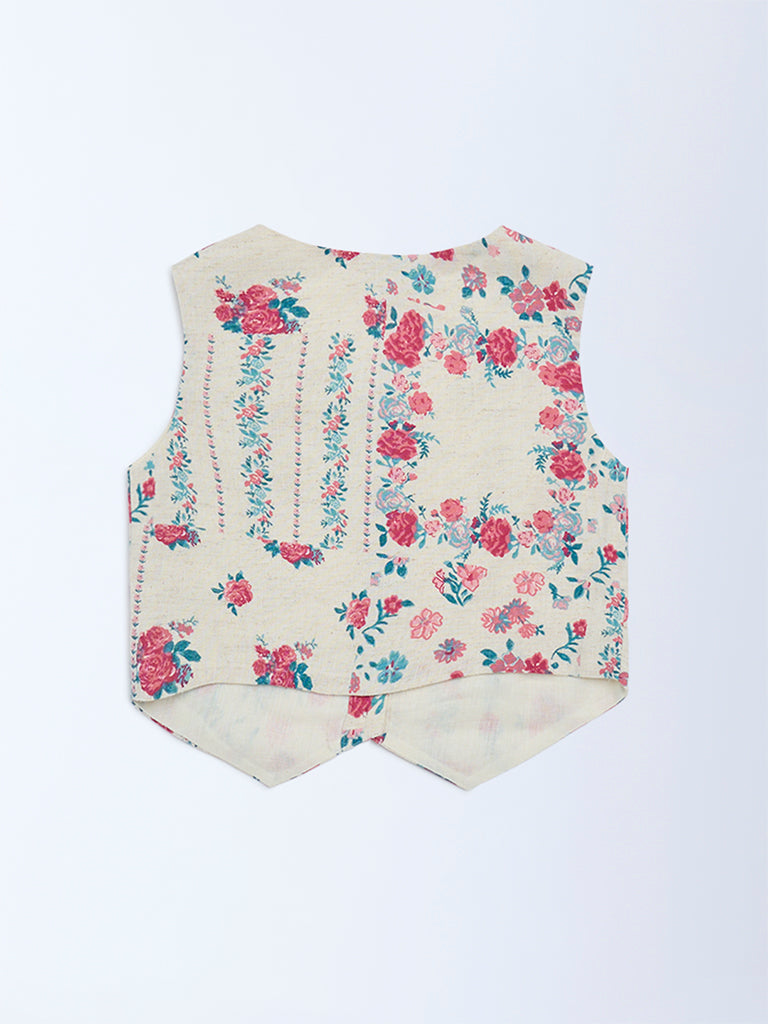 Utsa Kids Girls Off-White Floral Cotton-Blend Waistcoat - (2 - 8yrs)