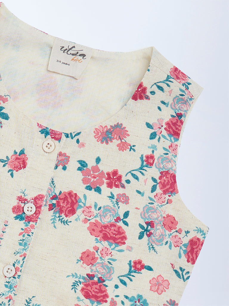 Utsa Kids Girls Off-White Floral Cotton-Blend Waistcoat - (2 - 8yrs)