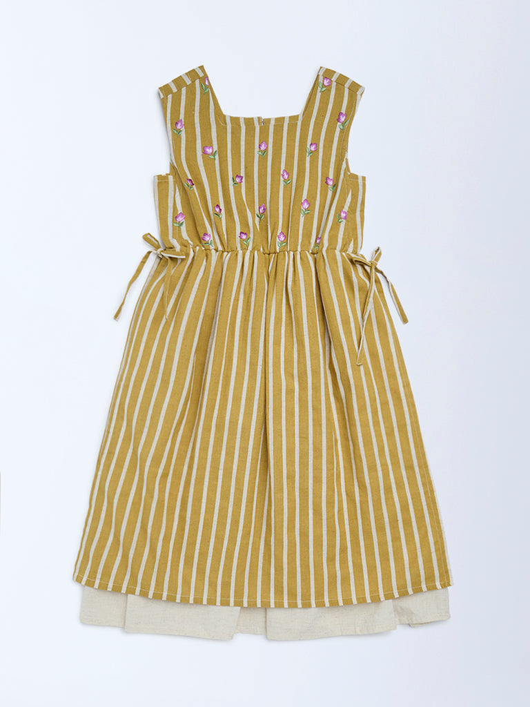 Utsa Kids Girls Mustard Striped A-Line Cotton-Blend Dress - (8 - 14yrs)