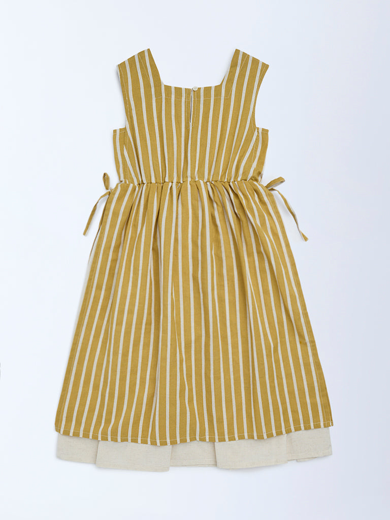Utsa Kids Girls Mustard Striped A-Line Cotton-Blend Dress - (8 - 14yrs)