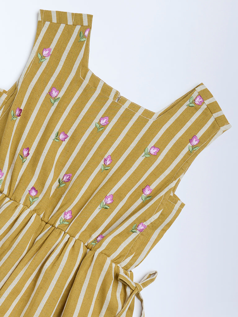 Utsa Kids Girls Mustard Striped A-Line Cotton-Blend Dress - (8 - 14yrs)