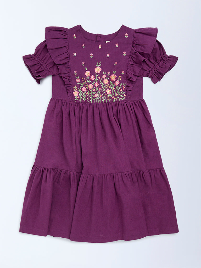 Utsa Kids Girls Purple Floral Embroidered Tiered Cotton-Blend Dress - (8 - 14yrs)