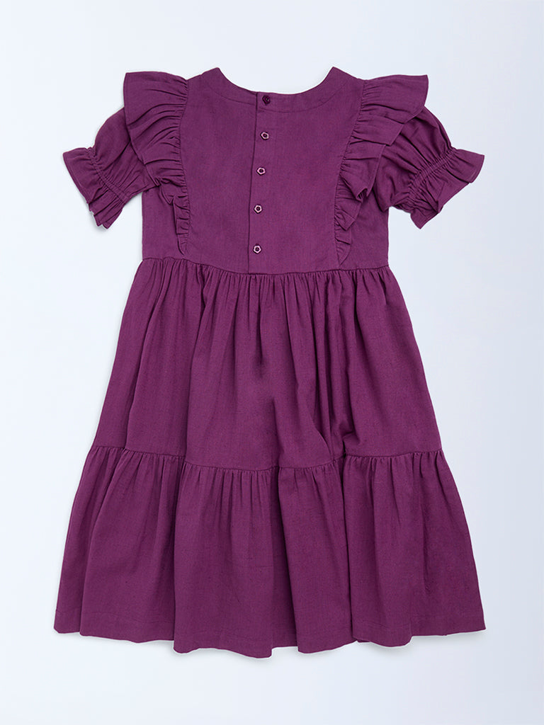 Utsa Kids Girls Purple Floral Embroidered Tiered Cotton-Blend Dress - (8 - 14yrs)