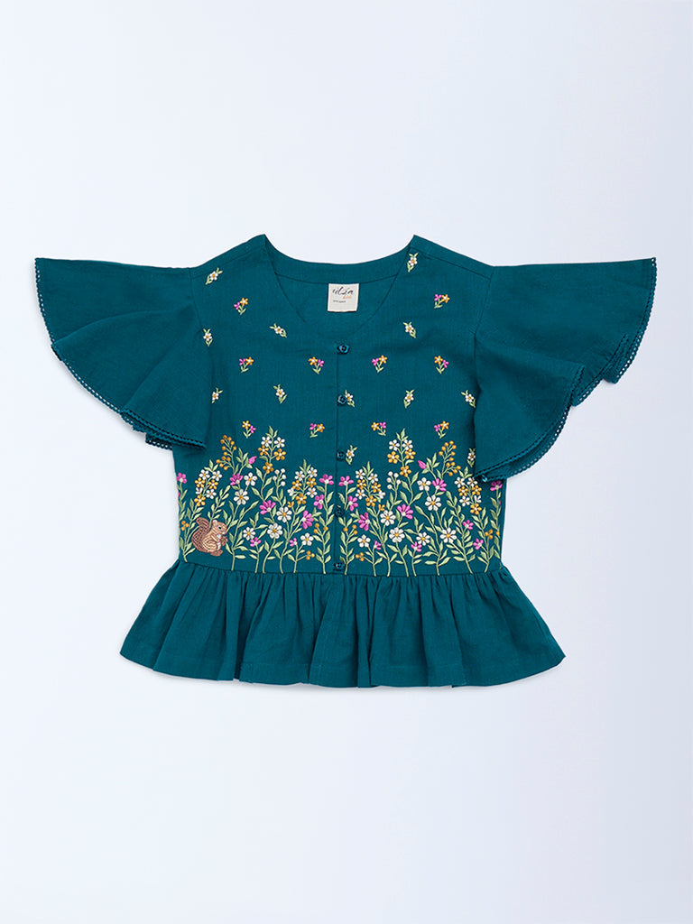 Utsa Kids Girls Teal Floral Embroidered Peplum Cotton-Blend Top - (8 - 14yrs)