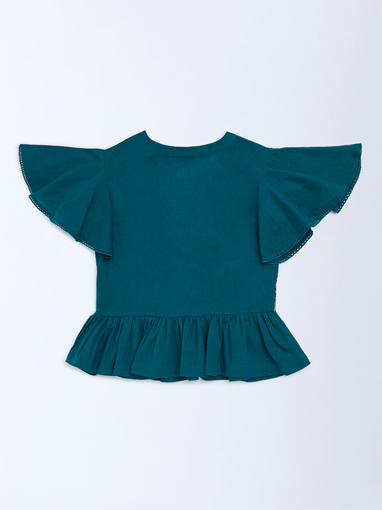 Utsa Kids Girls Teal Floral Embroidered Peplum Cotton-Blend Top - (8 - 14yrs)