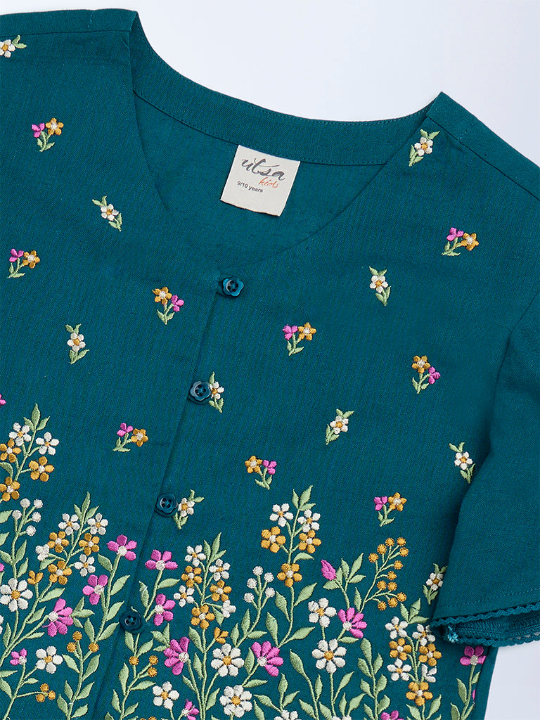 Utsa Kids Girls Teal Floral Embroidered Peplum Cotton-Blend Top - (8 - 14yrs)