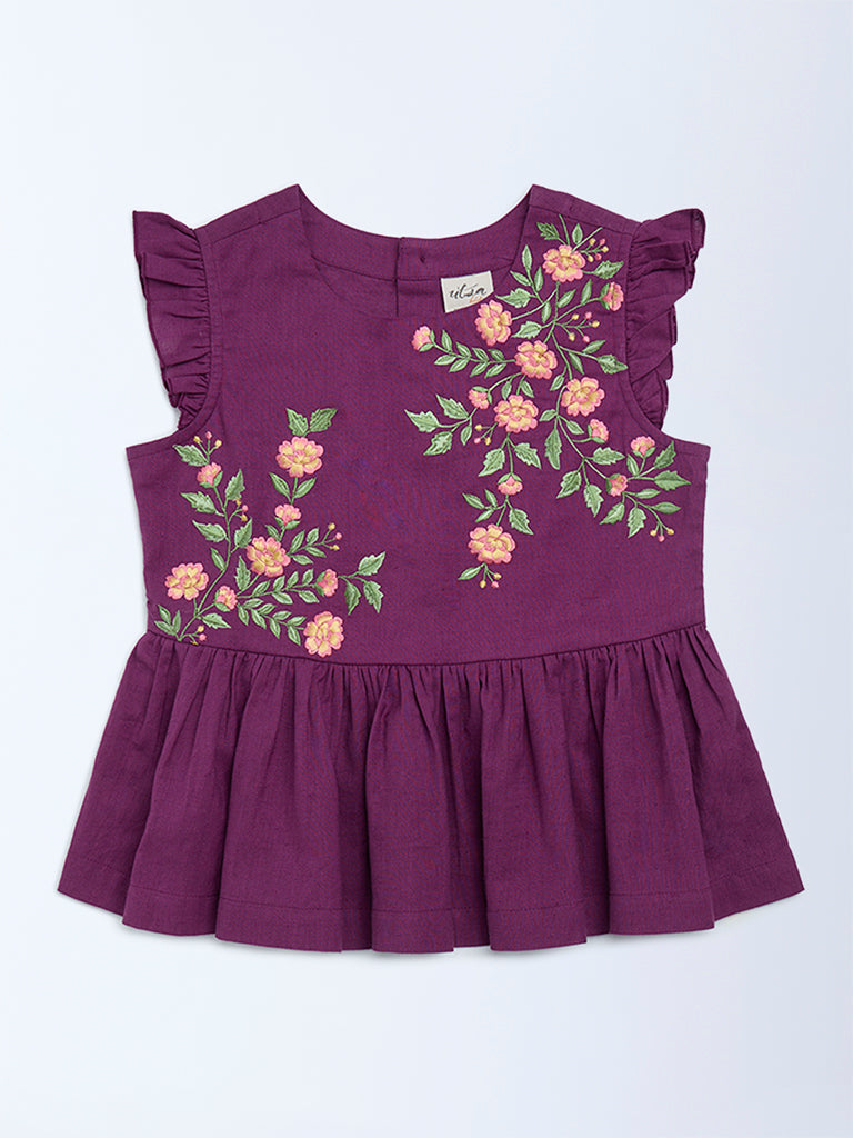 Utsa Kids Girls Purple Floral Embroidered Cotton-Blend Peplum Top (8 - 14yrs)