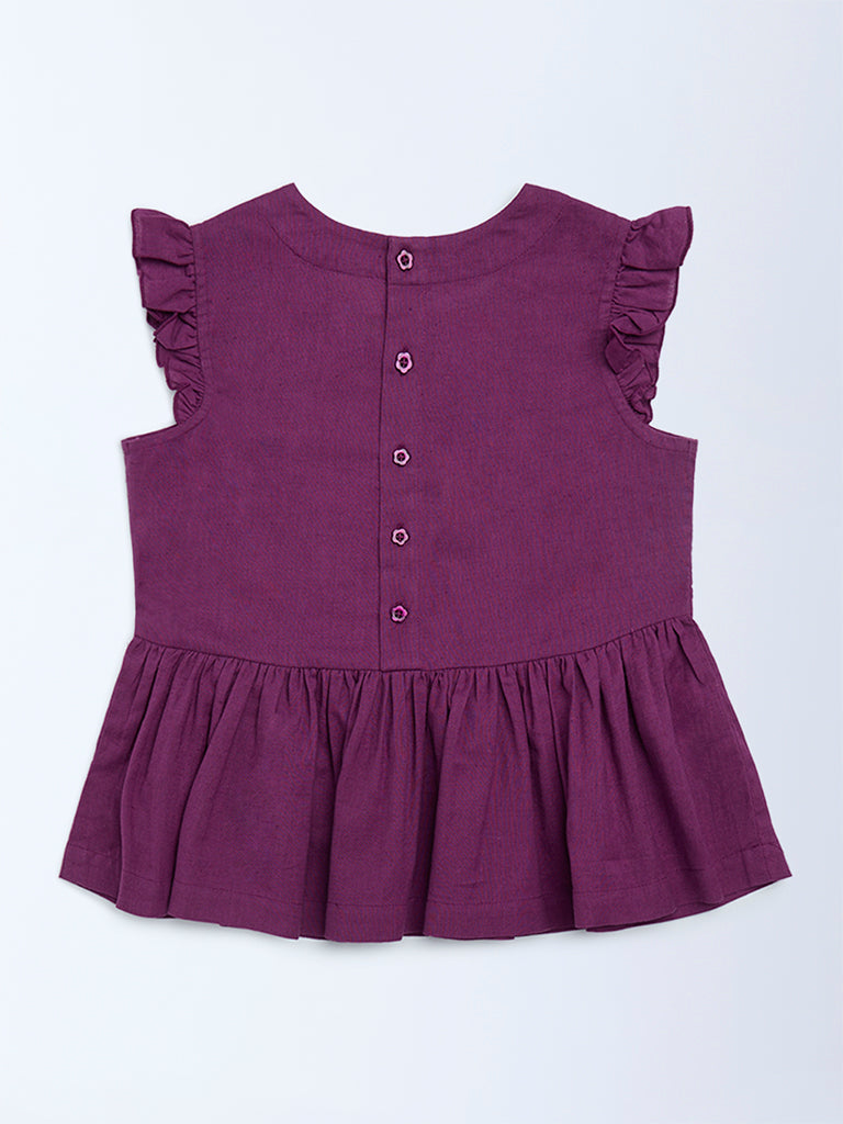 Utsa Kids Girls Purple Floral Embroidered Cotton-Blend Peplum Top (8 - 14yrs)