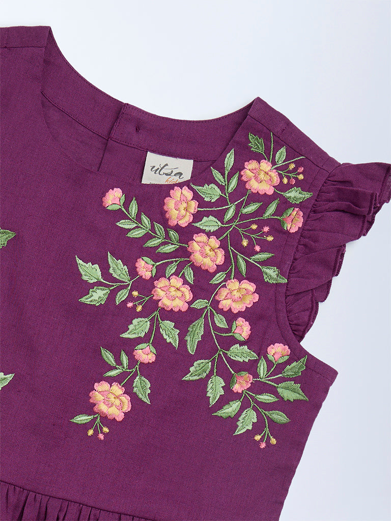 Utsa Kids Girls Purple Floral Embroidered Cotton-Blend Peplum Top (8 - 14yrs)