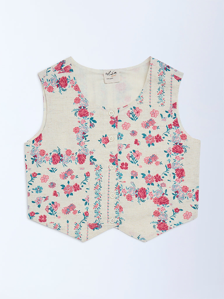 Utsa Kids Girls Off-White Floral Cotton-Blend Waistcoat - (8 - 14yrs)