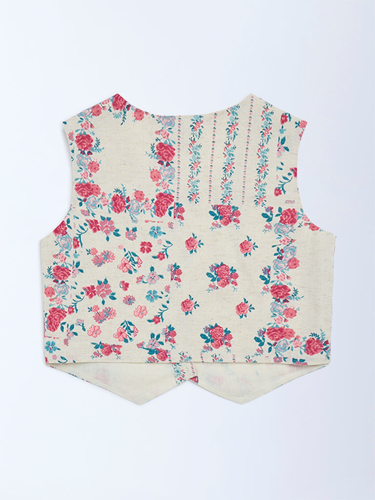 Utsa Kids Girls Off-White Floral Cotton-Blend Waistcoat - (8 - 14yrs)