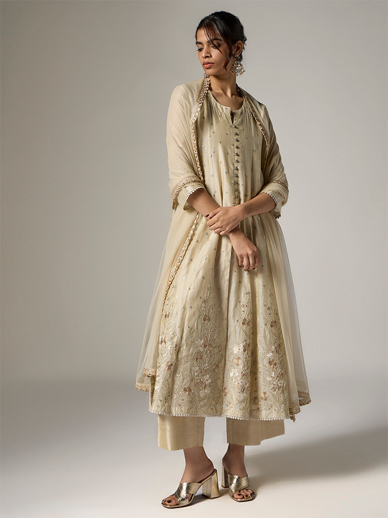 Vark Beige Floral Embroidered A-Line Ethnic Set