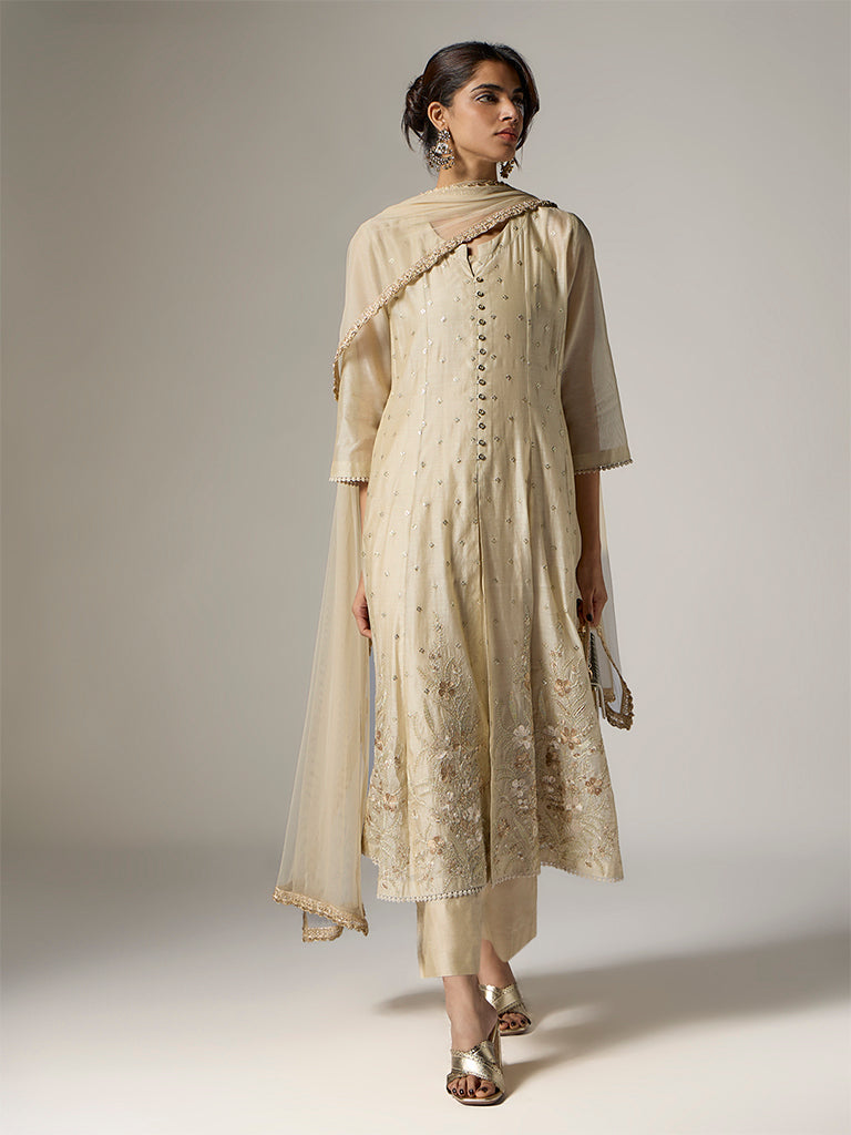 Vark Beige Floral Embroidered A-Line Ethnic Set