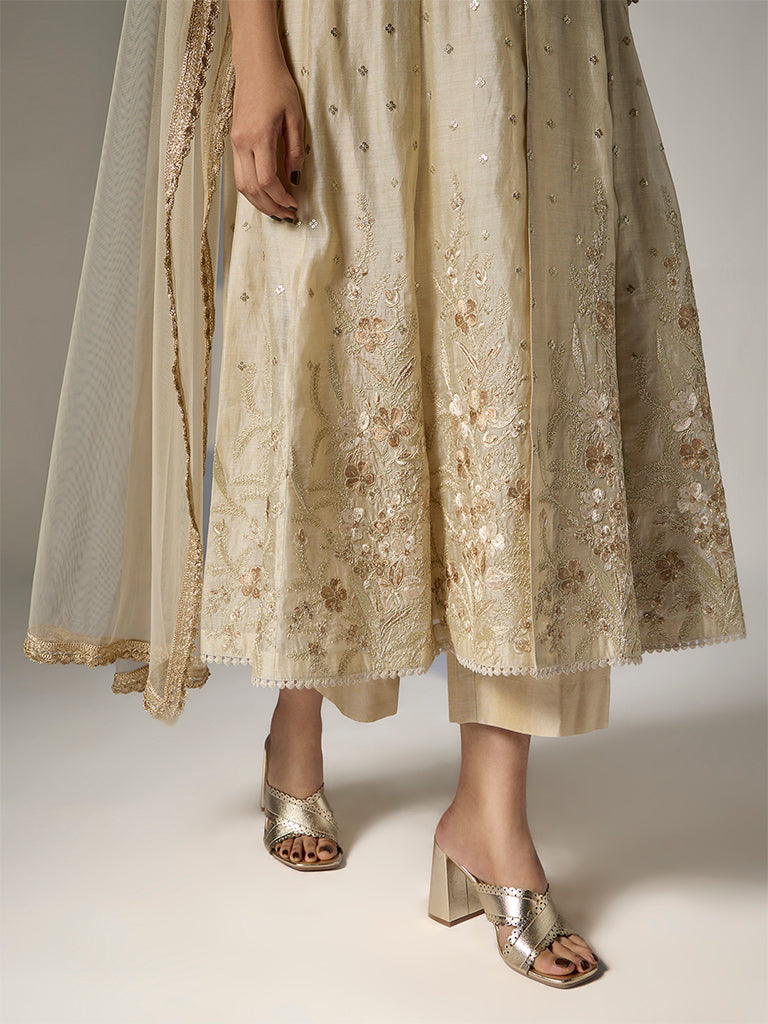 Vark Beige Floral Embroidered A-Line Ethnic Set