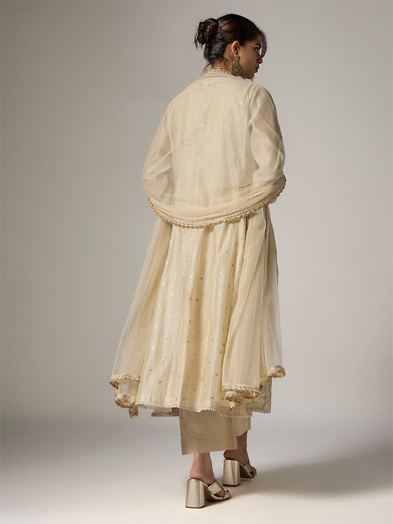 Vark Beige Floral Embroidered A-Line Ethnic Set