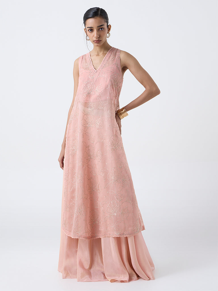 Vark Pink Floral Embroidered A-Line Kurta with Inner