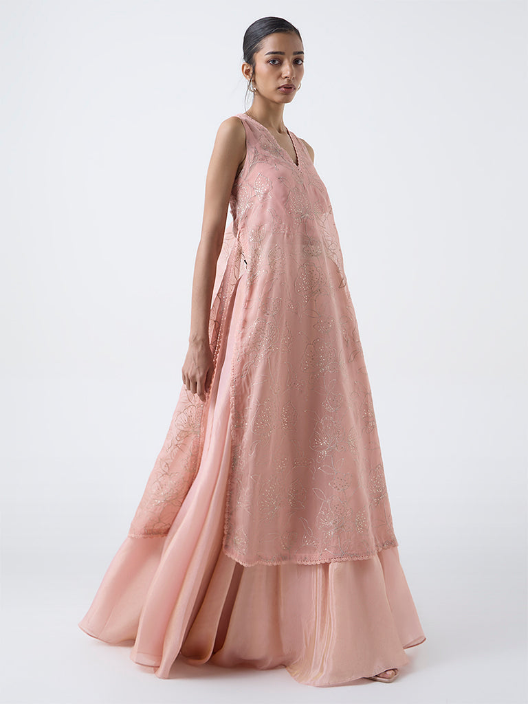 Vark Pink Floral Embroidered A-Line Kurta with Inner