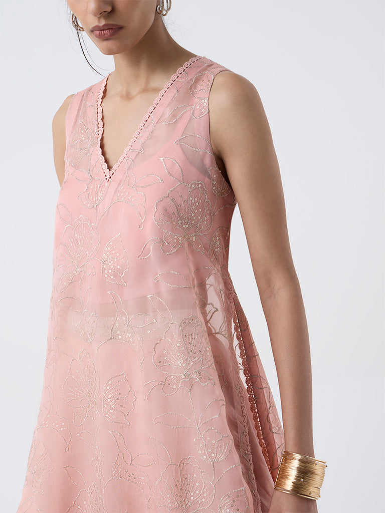 Vark Pink Floral Embroidered A-Line Kurta with Inner