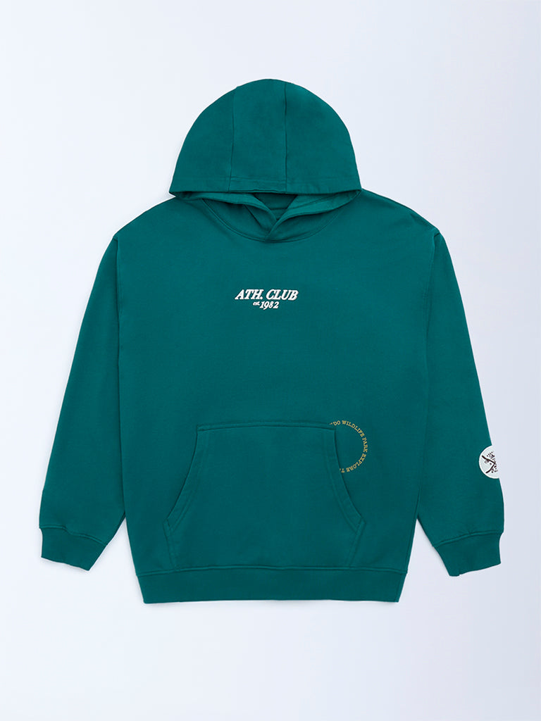 Boys Teal Text Printed Cotton Hoodie