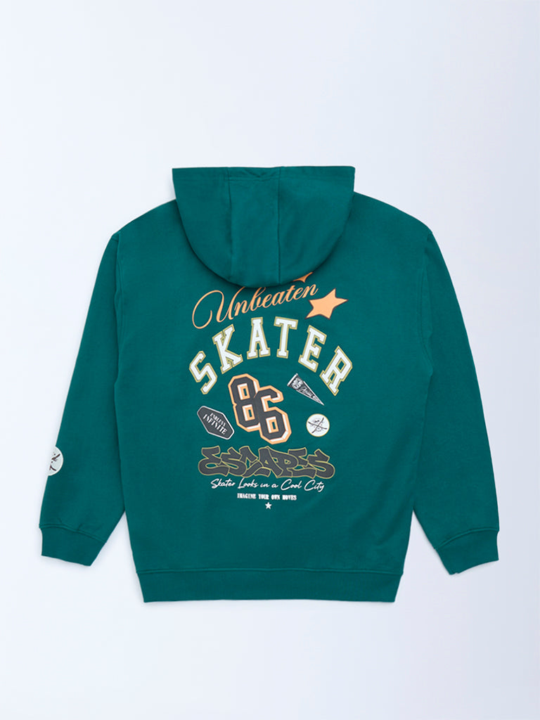 Boys Teal Text Printed Cotton Hoodie