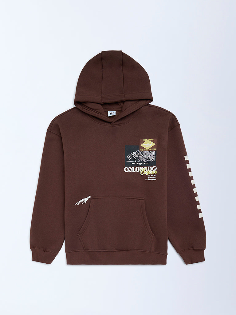 Boys Dark Brown Printed Cotton-Blend Hoodie