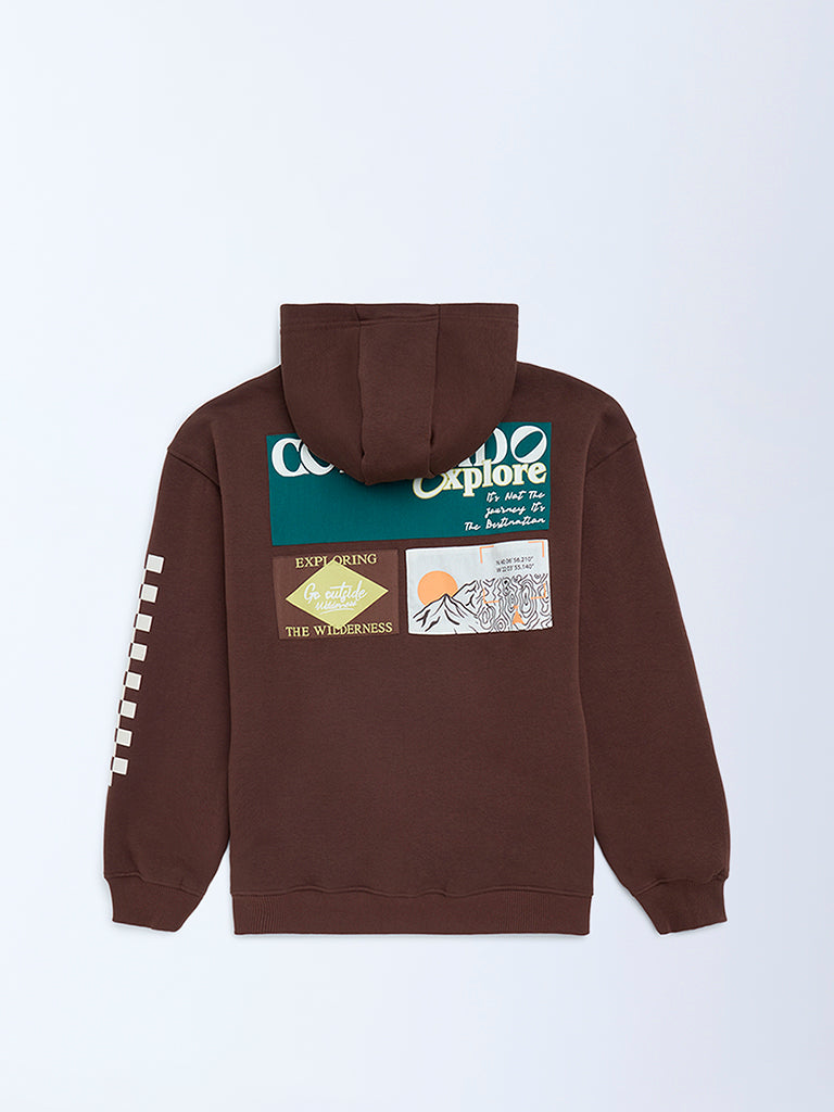 Boys Dark Brown Printed Cotton-Blend Hoodie