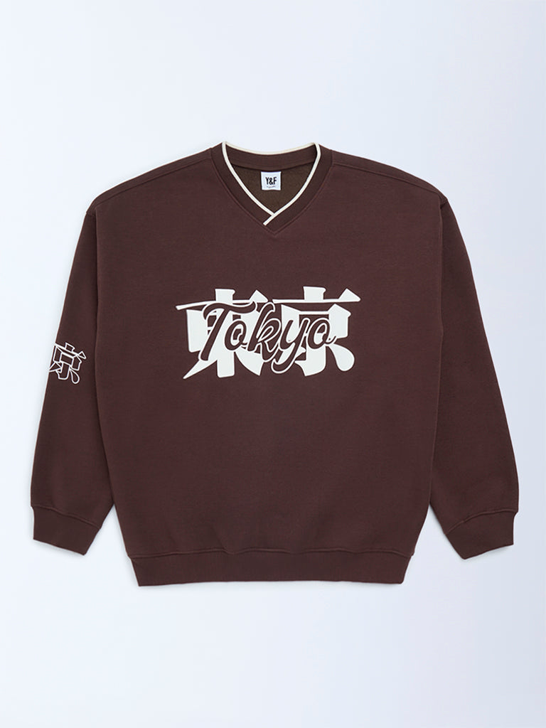 Boys Brown Typographic Cotton-Blend Sweatshirt
