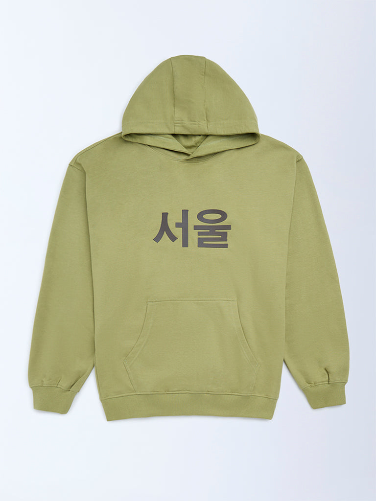 Boys Olive Anime-Inspired Cotton Hoodie
