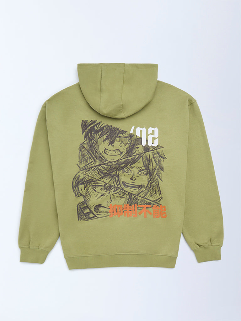 Boys Olive Anime-Inspired Cotton Hoodie