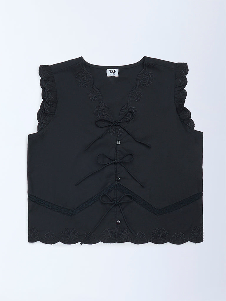Girls Black Bow-Detailed Cotton Top