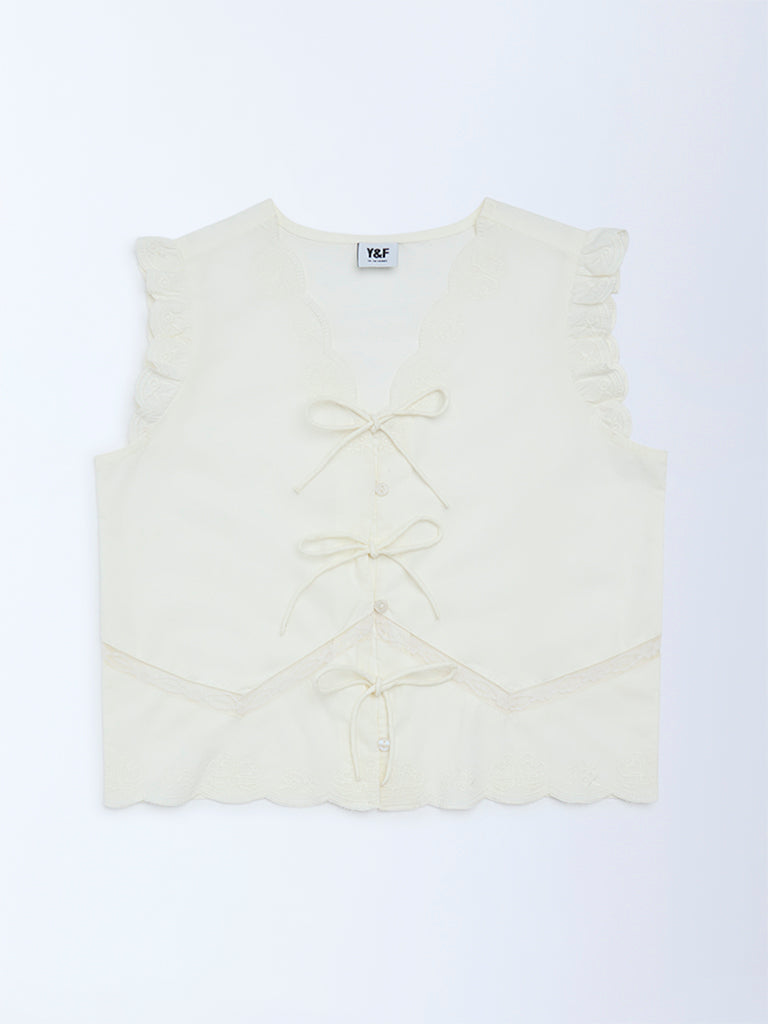 Girls Off-White Bow-Detailed Cotton Top