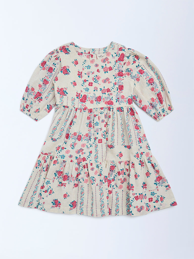 Utsa Kids Girls Off-White Floral Cotton-Blend Tiered Dress - (2 - 8yrs)