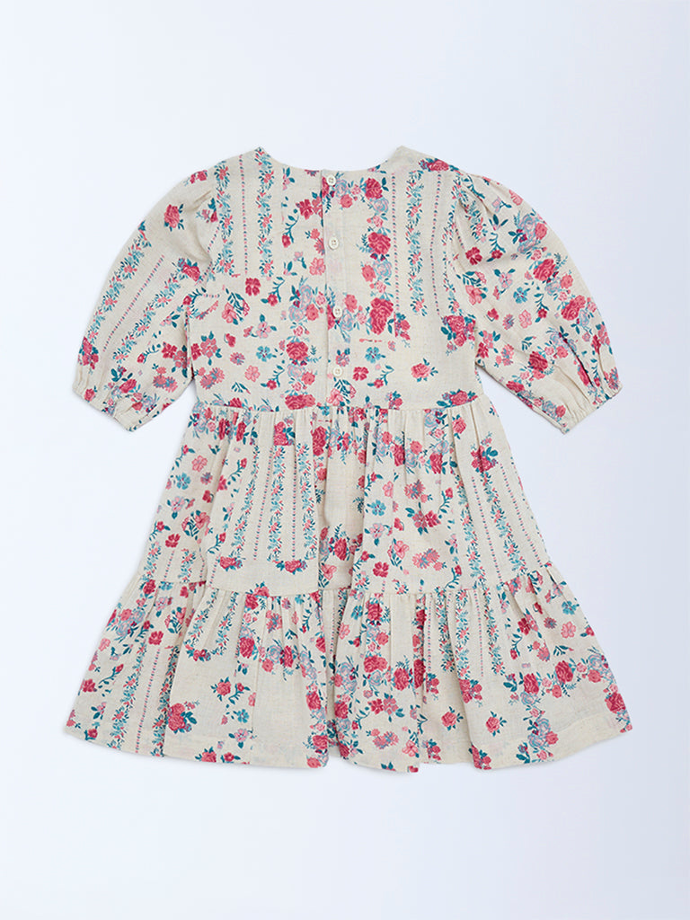 Utsa Kids Girls Off-White Floral Cotton-Blend Tiered Dress - (2 - 8yrs)