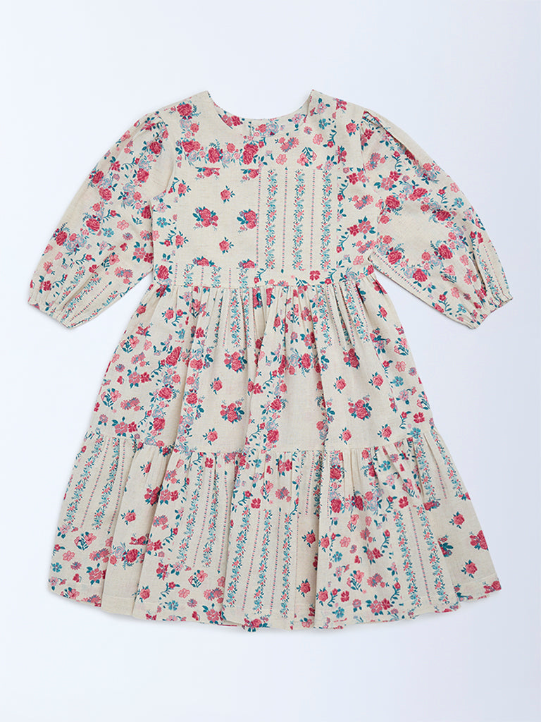 Utsa Kids Girls Off-White Floral Cotton-Blend Tiered Dress - (8 - 14yrs)