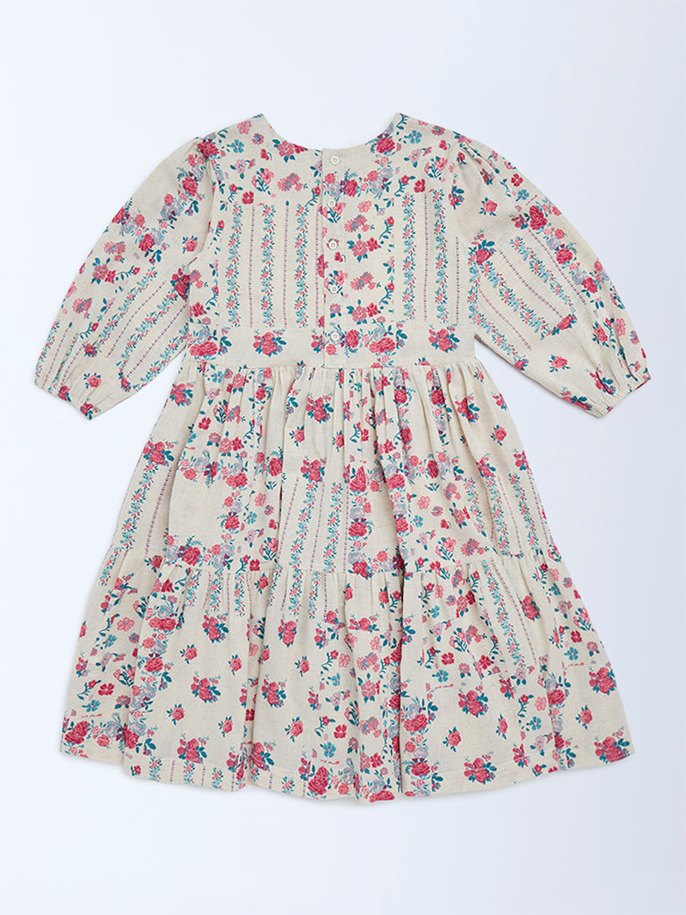 Utsa Kids Girls Off-White Floral Cotton-Blend Tiered Dress - (8 - 14yrs)