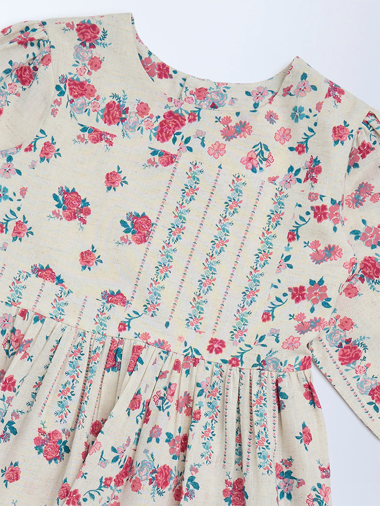 Utsa Kids Girls Off-White Floral Cotton-Blend Tiered Dress - (8 - 14yrs)