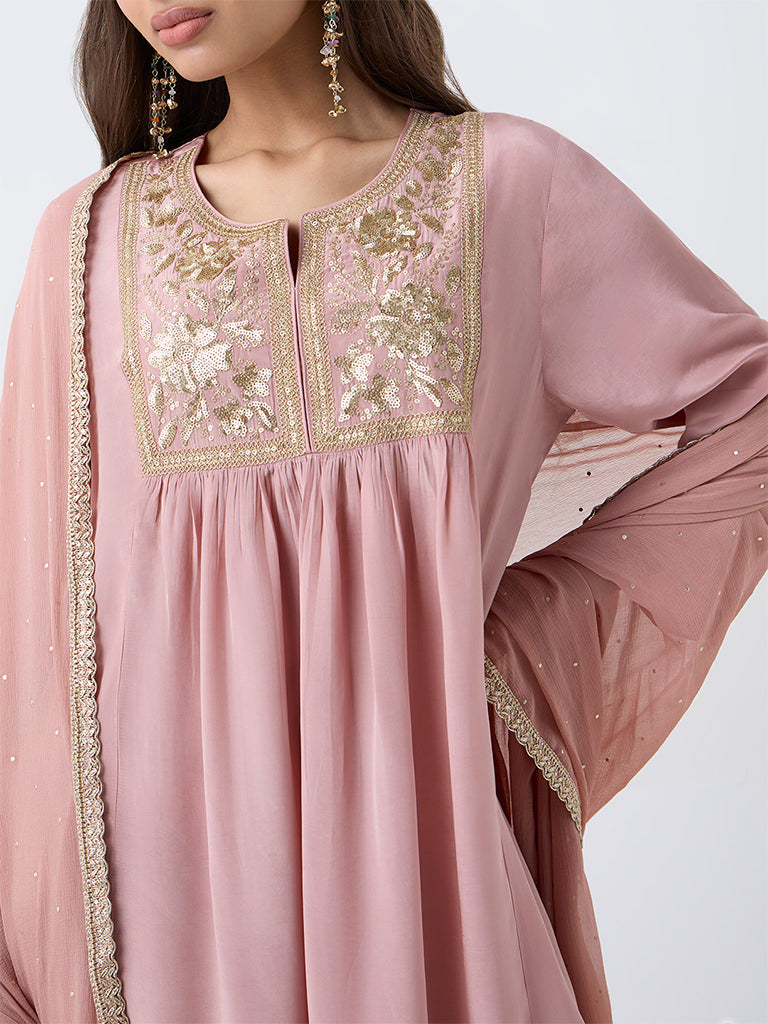 Vark Light Pink Sequin Embellished Ethnic Set