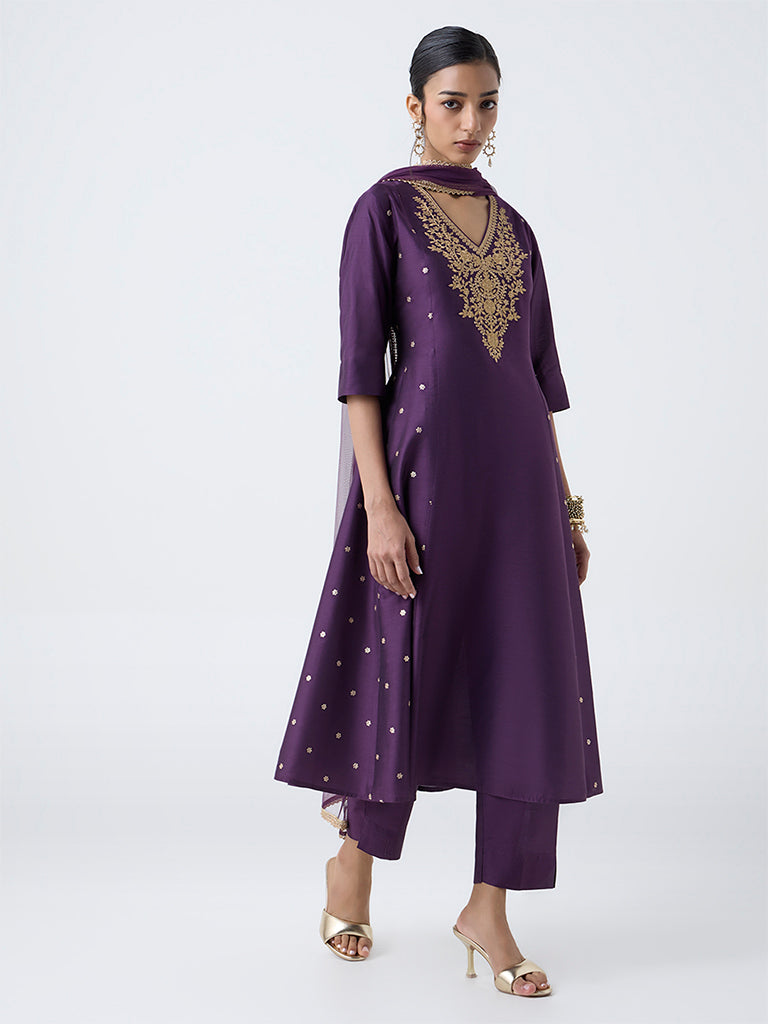 Vark Purple Embroidered A-Line Ethnic Set