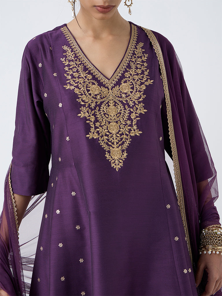 Vark Purple Embroidered A-Line Ethnic Set