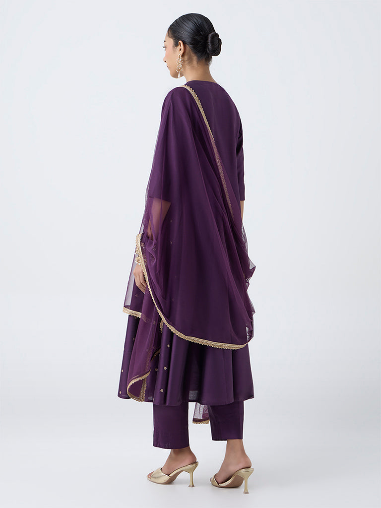Vark Purple Embroidered A-Line Ethnic Set