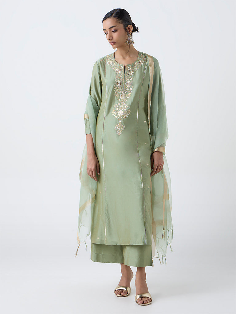 Vark Mint Floral Embroidered A-Line Ethnic Set