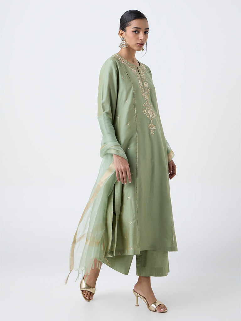 Vark Mint Floral Embroidered A-Line Ethnic Set