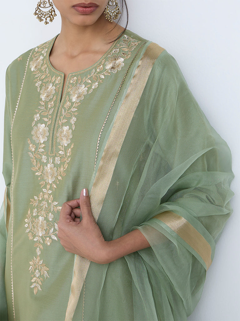 Vark Mint Floral Embroidered A-Line Ethnic Set