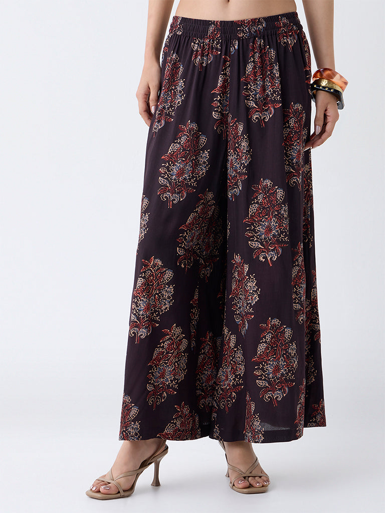 Utsa Black Boota Foliage Pattern Palazzos