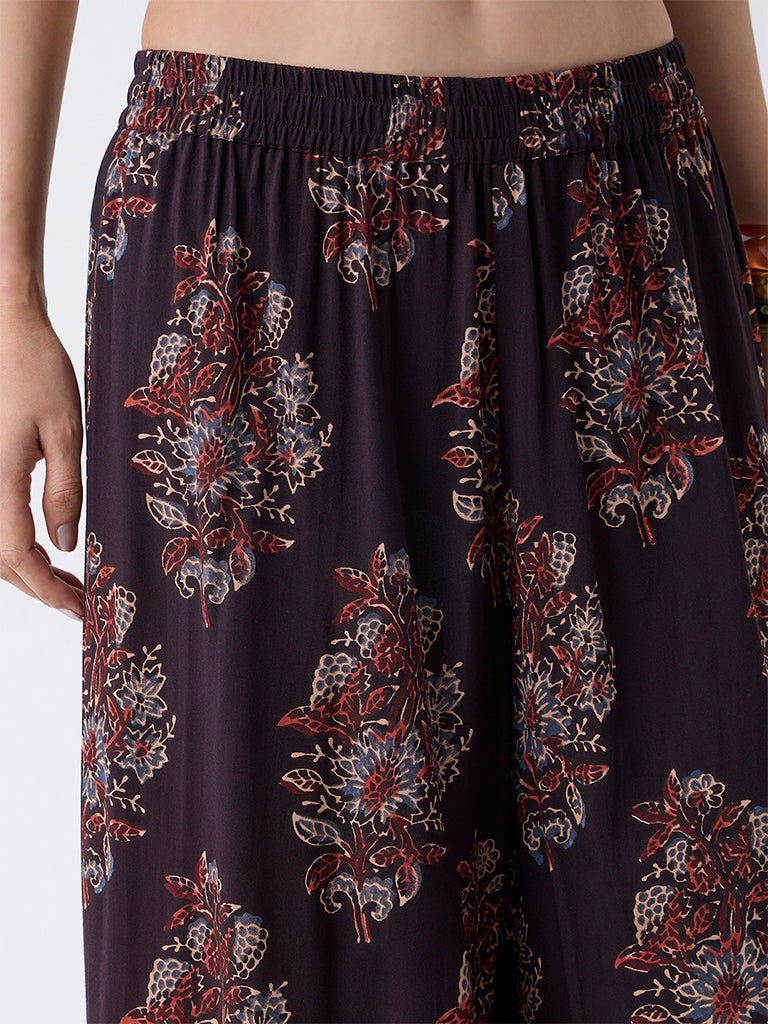 Utsa Black Boota Foliage Pattern Palazzos