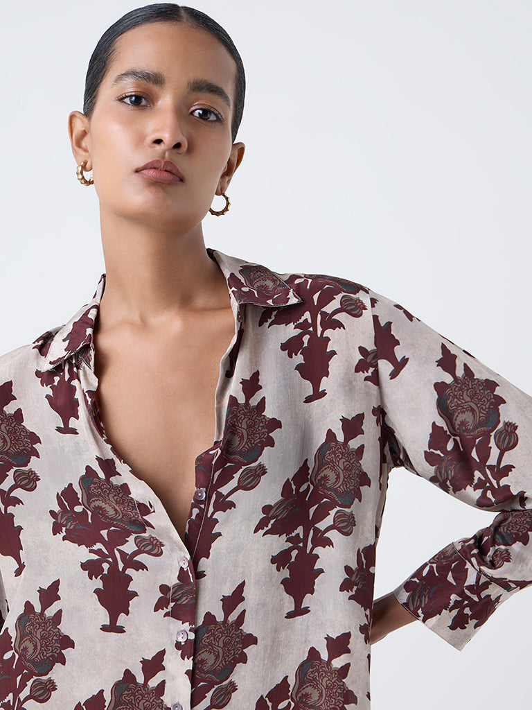 Zuba Taupe Floral Design Tunic