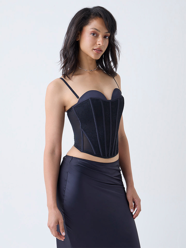 Wunderlove Black Lace Detailed Corset Top